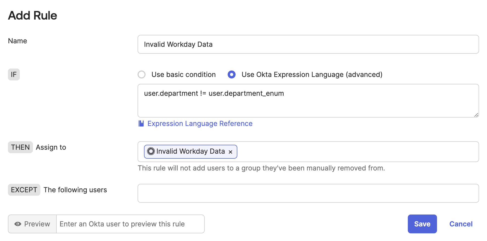 Adding an Okta group rule for invalid Workday data