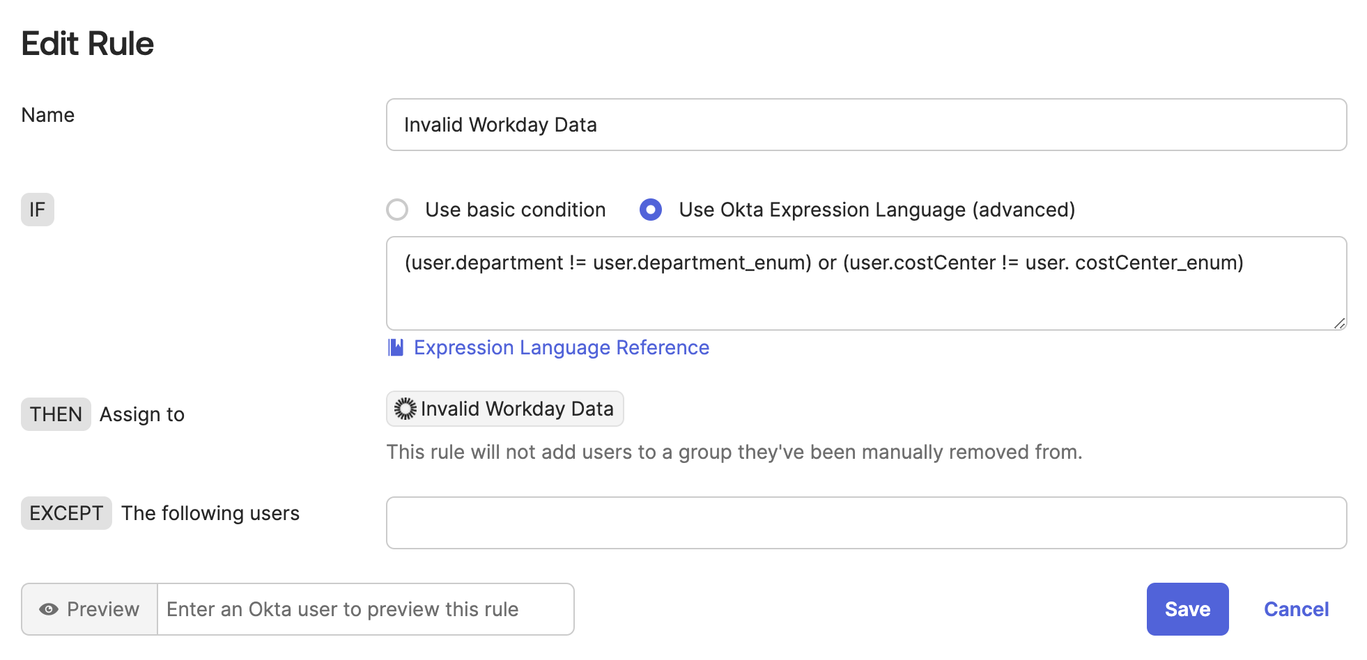 Editing an Okta group rule for invalid Workday data